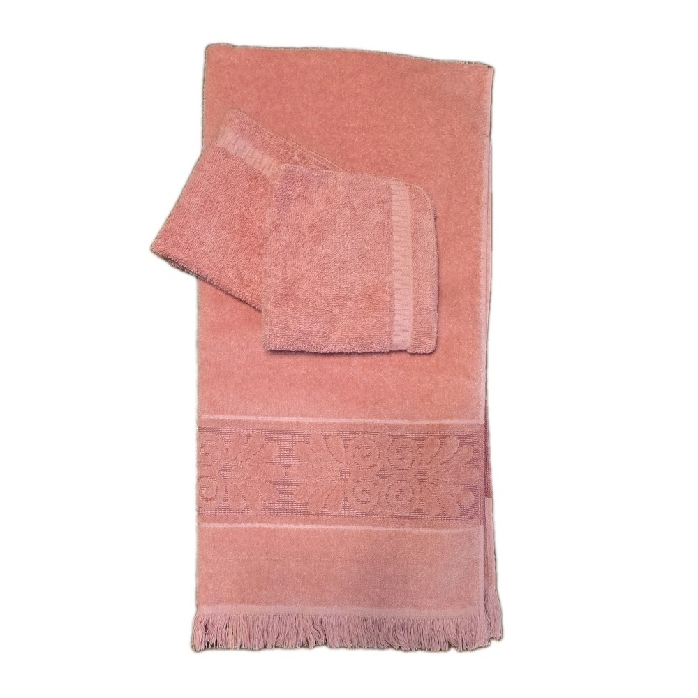 Vtg Retro Cannon Monticello Bath Towel Washcloths Pink MCM Fringe Retro 1970s